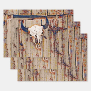 Western Vintage Bull Skull Rustic Brown Barn Wrapping Paper Sheet