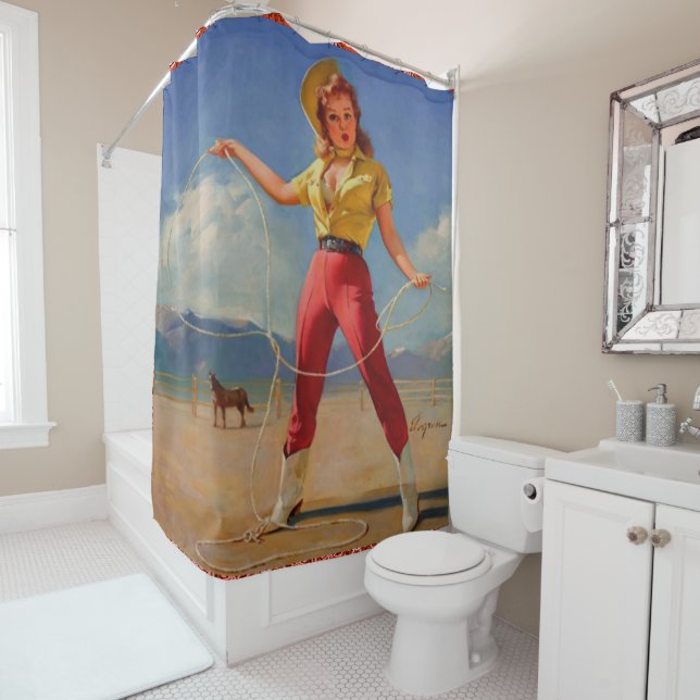 Western Vintage Cowgirl With Rope Shower Curtain (In Situ)