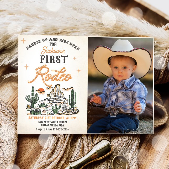 Western Vintage Desert First Rodeo Birthday Photo Invitation (Creator Uploaded)