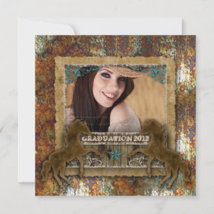 Western Vintage Grad Photo Card Damask Horse Rusty