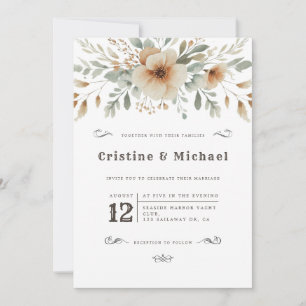 Western vintage watercolor flowers wedding invitation
