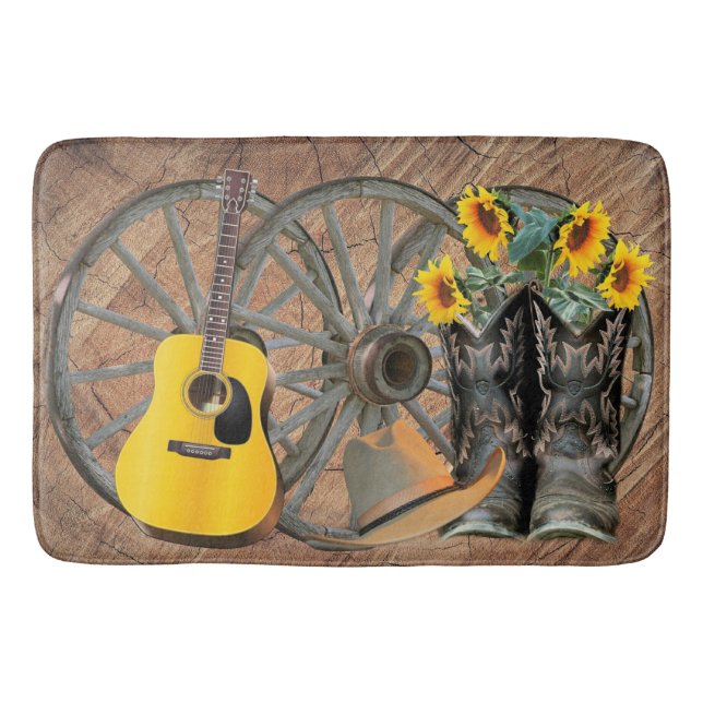 Western Wagon Wheel Guitar Cowboy boots Sunflower  Bath Mat (Front)