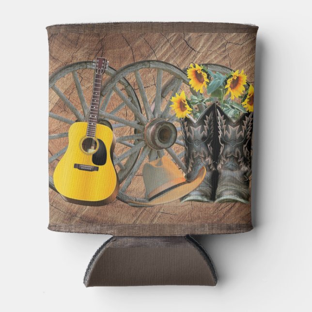 Western Wagon Wheel Guitar Cowboy boots Sunflower  Can Cooler (Front)