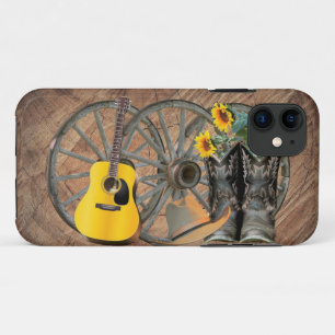 Western Wagon Wheel Guitar Cowboy boots Sunflower iPhone 11 Case