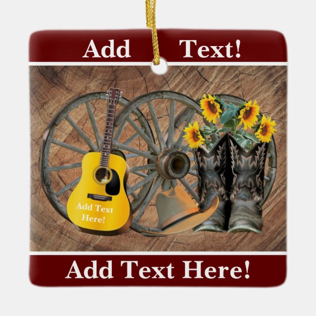 Western Wagon Wheel Guitar Cowboy boots Sunflower  Ceramic Ornament (Front)