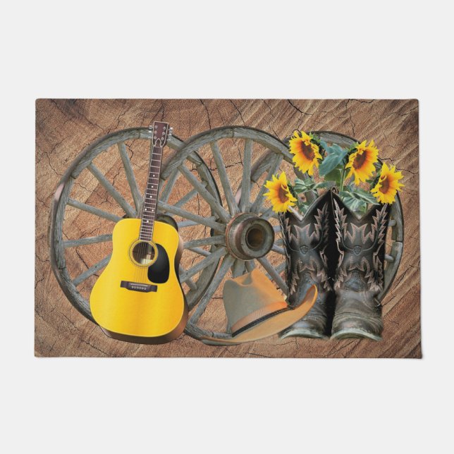 Western Wagon Wheel Guitar Cowboy boots Sunflower  Doormat (Front)