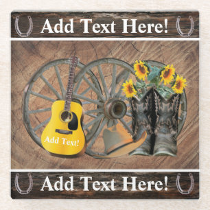 Western Wagon Wheel Guitar Cowboy boots Sunflower Glass Coaster