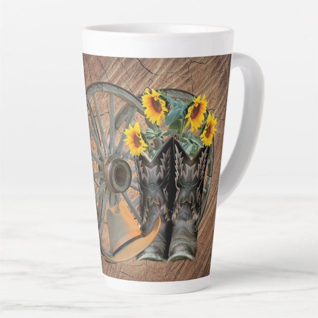 Western Wagon Wheel Guitar Cowboy boots Sunflower  Latte Mug (Right Angle)