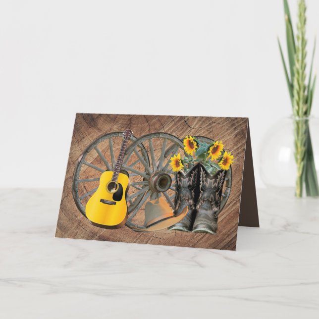 Western Wagon Wheel Guitar Cowboy boots Sunflower  Note Card (Front)