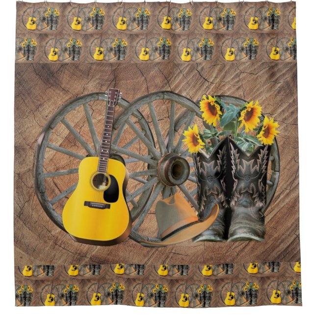 Western Wagon Wheel Guitar Cowboy boots Sunflower  Shower Curtain (Front)
