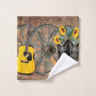 Western Wagon Wheel Guitar Cowboy boots Sunflower Wash Cloth