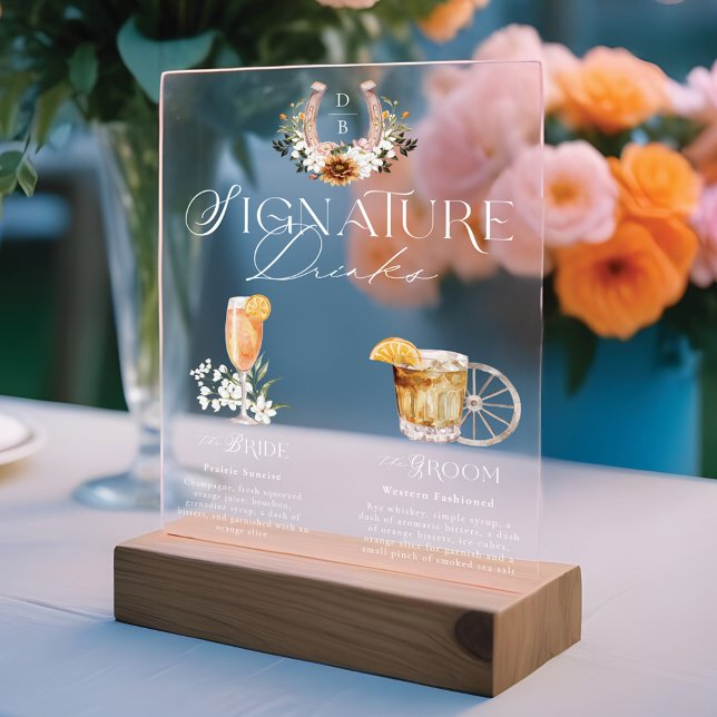 Western Watercolor Bride & Groom Signature Drinks Acrylic Sign (Western Watercolor Bride & Groom Signature Drinks Acrylic Sign)