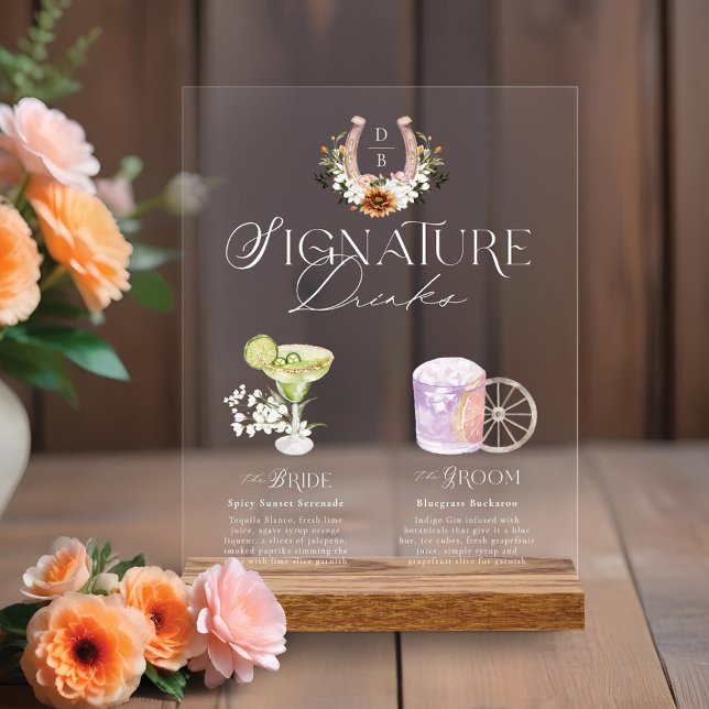 Western Watercolor Bride & Groom Signature Drinks  Acrylic Sign (Western Watercolor Bride & Groom Signature Drinks Acrylic Sign)