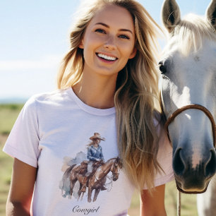 Western Watercolor Brunette Cowgirl, custom T-Shirt