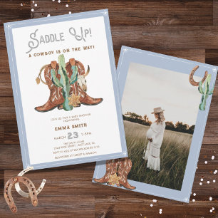 Western Watercolor Photo Baby Boy Shower  Invitation