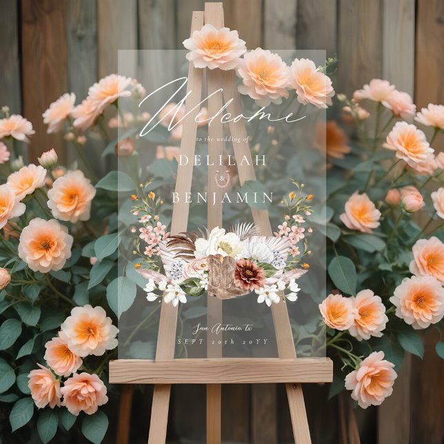 Western Wedding Boho Floral Photo Crest Horseshoe  Acrylic Sign (Western Wedding Boho Floral Photo Crest Horseshoe Acrylic Sign)