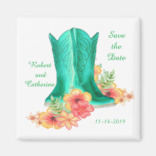 Western Wedding Cowboy Boots And Flowers Save Date Magnet