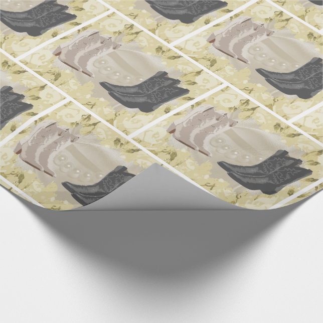 Western Wedding Cowboy Boots And White Flowers Wrapping Paper (Corner)