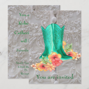 Western Wedding Cowboy Boots Flowers And Lace Invitation