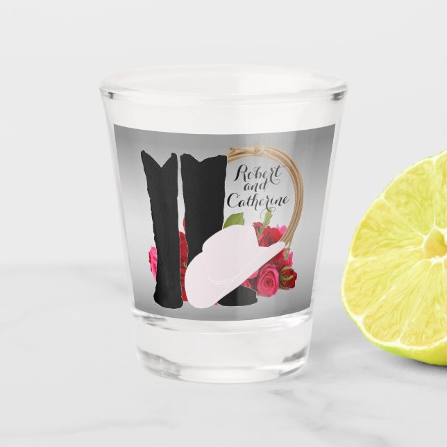 Western Wedding Cowboy Boots Hat Roses Personalise Shot Glass (Front)