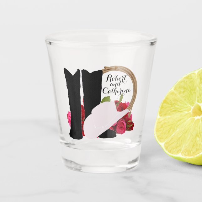 Western Wedding Cowboy Boots Hat Roses Personalise Shot Glass (Front)