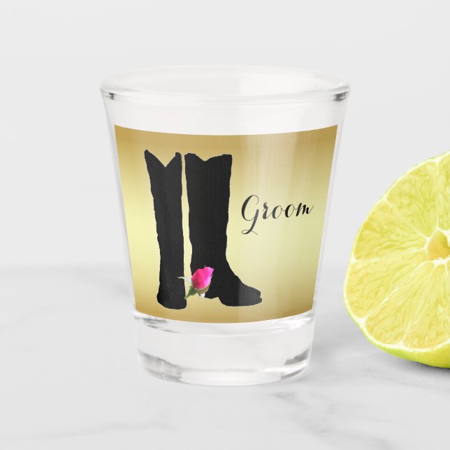 Western Wedding Cowboy Boots Pink Rose Gold Groom Shot Glass (Front)