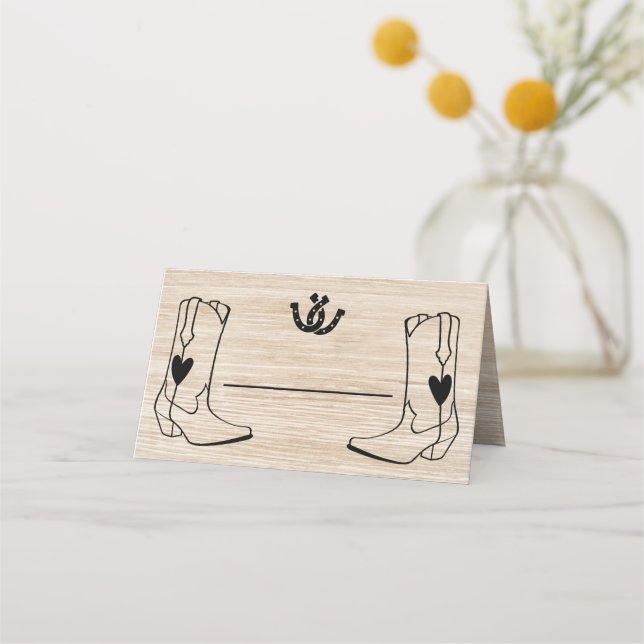 Western Wedding Cowboy Boots Rustic Brown Wood Place Card (Front)