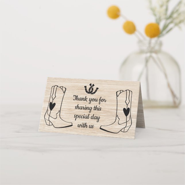 Western Wedding Cowboy Boots Rustic Brown Wood Place Card (Front)