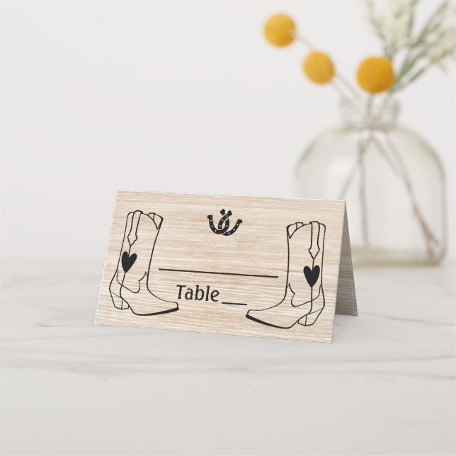 Western Wedding Cowboy Boots Rustic Brown Wood Place Card (Front)
