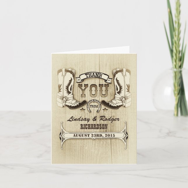 western wedding cowboy shoes thank you cards (Front)