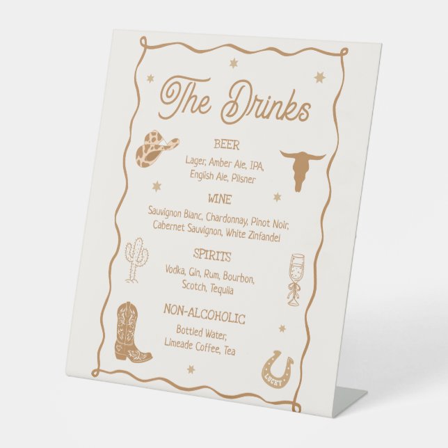 Western Wedding Drink Menu Bar Pedestal Sign (Front)