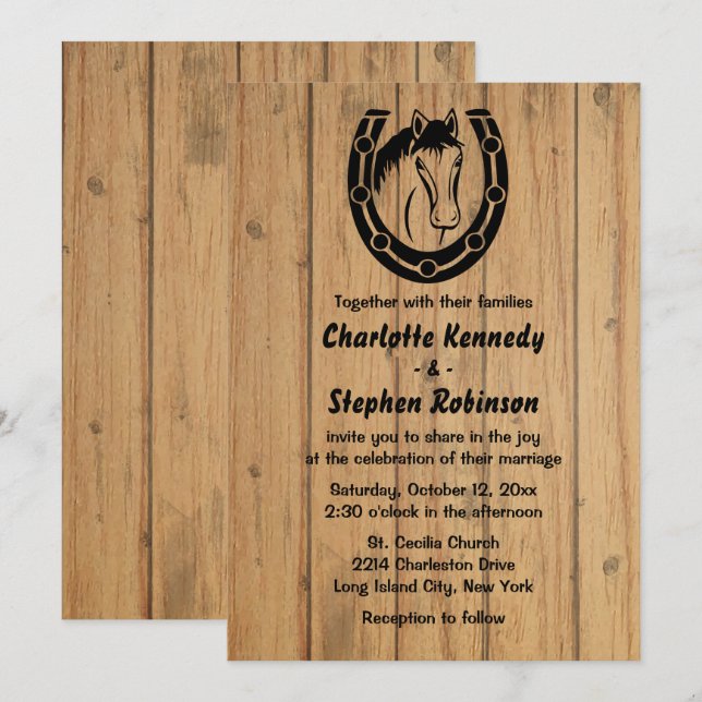 Western Wedding Horse Country Brown Wood Horseshoe Invitation (Front/Back)