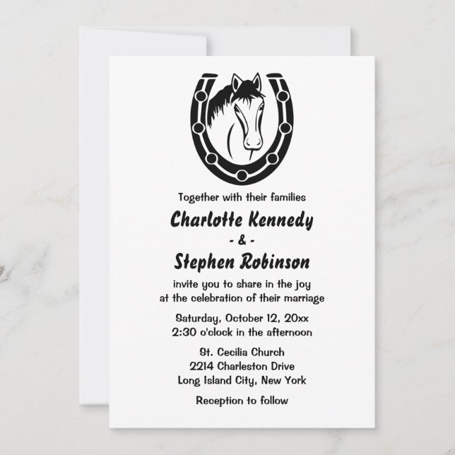 Western Wedding Horse Country Horseshoe Black Invitation (Front)