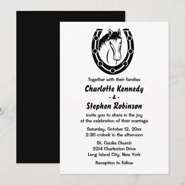 Western Wedding Horse Country Horseshoe Black Invitation (Front/Back)