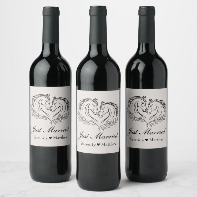 Western Wedding Horse Rustic Country Just Married Wine Label (Bottles)