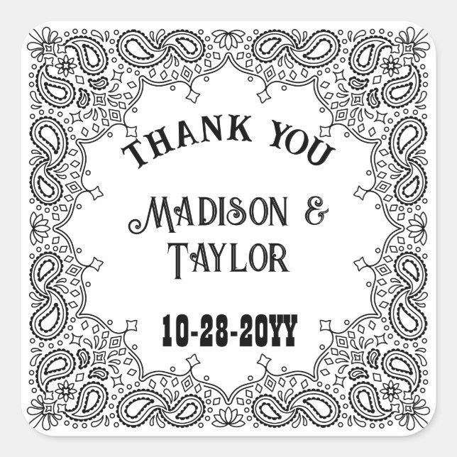 Western Wedding White Bandanna Thank You Favour Square Sticker (Front)