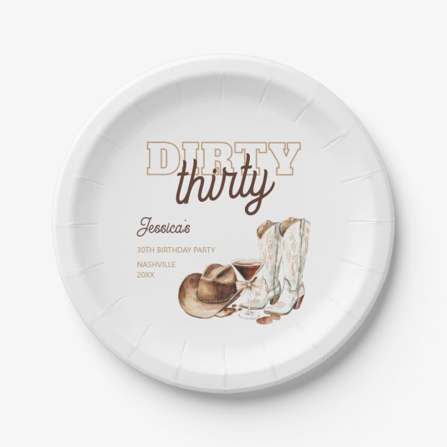 Western White Dirty Thirty 30th Birthday Party Paper Plate (Front)
