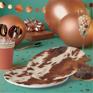 Western White Spotted Brown Black Cowhide Paper Plate
