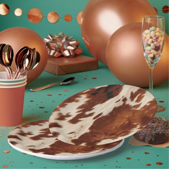 Western White Spotted Brown Black Cowhide Paper Plate (Multi)