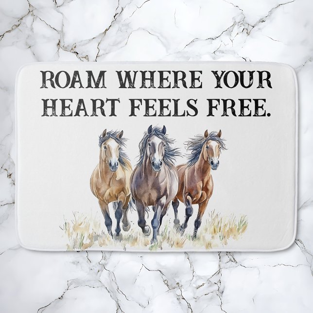 Western Wild & Free Mustang Horses Bath Mat (Roam where your heart feels free.  Wild Western mustang horse trio bath mat.)