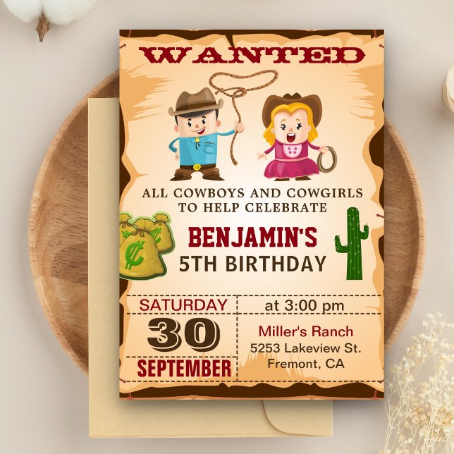 Western Wild West Wanted Cowboy Birthday Party Invitation (Creator Uploaded)