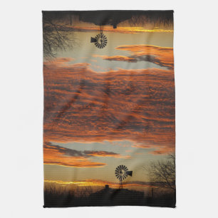 Western Windmill Sunset Tea Towel