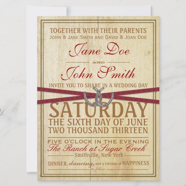 Western, Wood and Red Ribbon Wedding Invitation (Front)