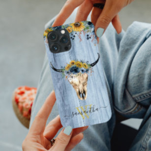 Western Wood Cow Skull Cowboy Blue Sunflower  Case-Mate iPhone Case