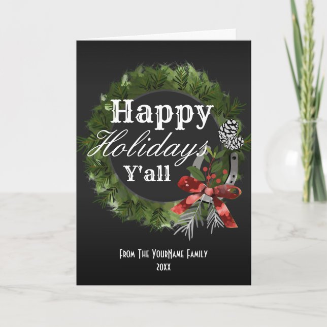 Western Wreath Personalised Family Name Holiday Card (Front)