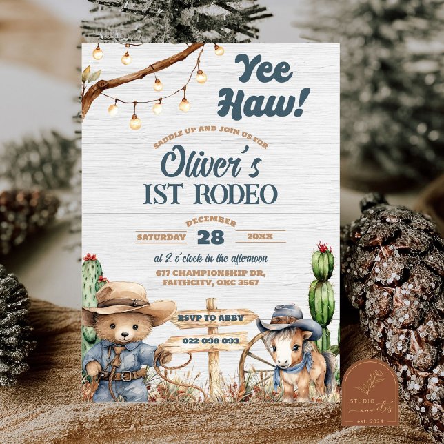 Western Yeehaw Bear Cowboy First Rodeo Birthday Invitation (Creator Uploaded)