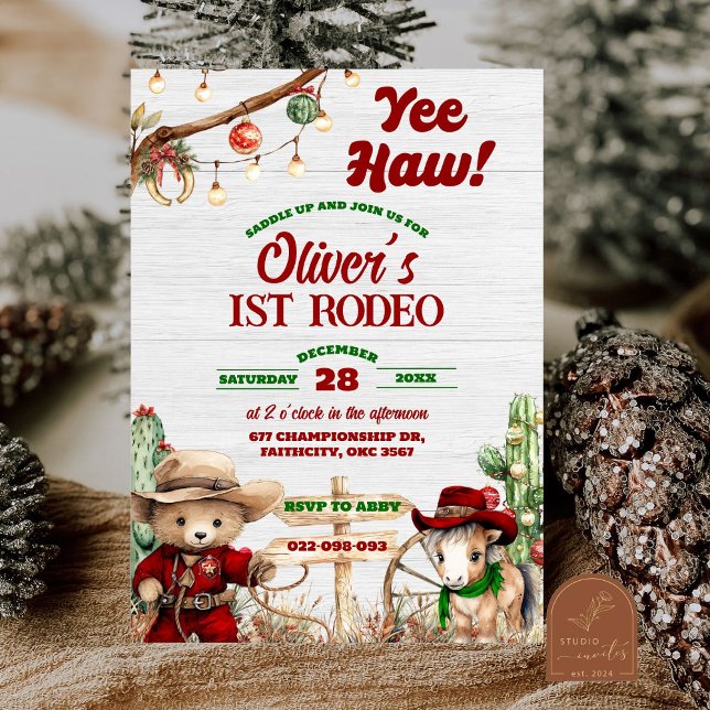 Western Yeehaw Christmas Red Cowboy Rodeo Birthday Invitation (Creator Uploaded)