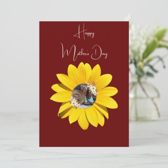 Western,Yellow Sunflower,Boots & Hat, Mother's Day Holiday Card (Standing Front)