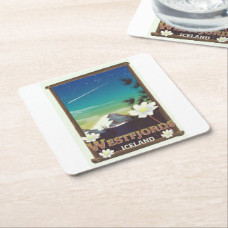 Westfjords Iceland travel poster Square Paper Coaster
