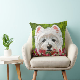 Westie and Pink Flowers Cushion
